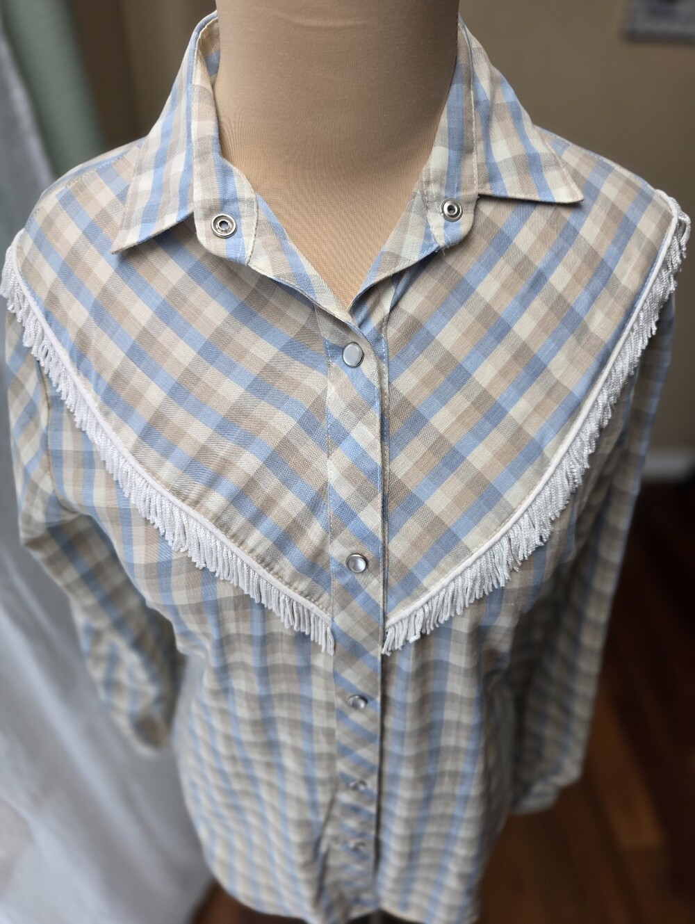 Vintage 70s Western Cotton‎ Plaid Fringe Pearl Snap Shirt Cowgirl Langtry Sz 7
